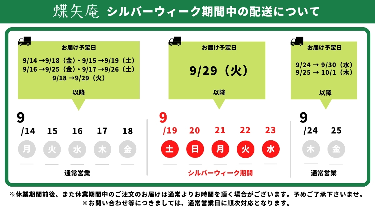 シルバーウィーク期間中の配送